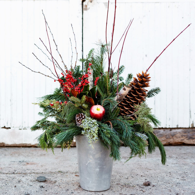 Outdoor evergreen planter in a metal bucket with pinecones, red berries, decorative branches and an apple.