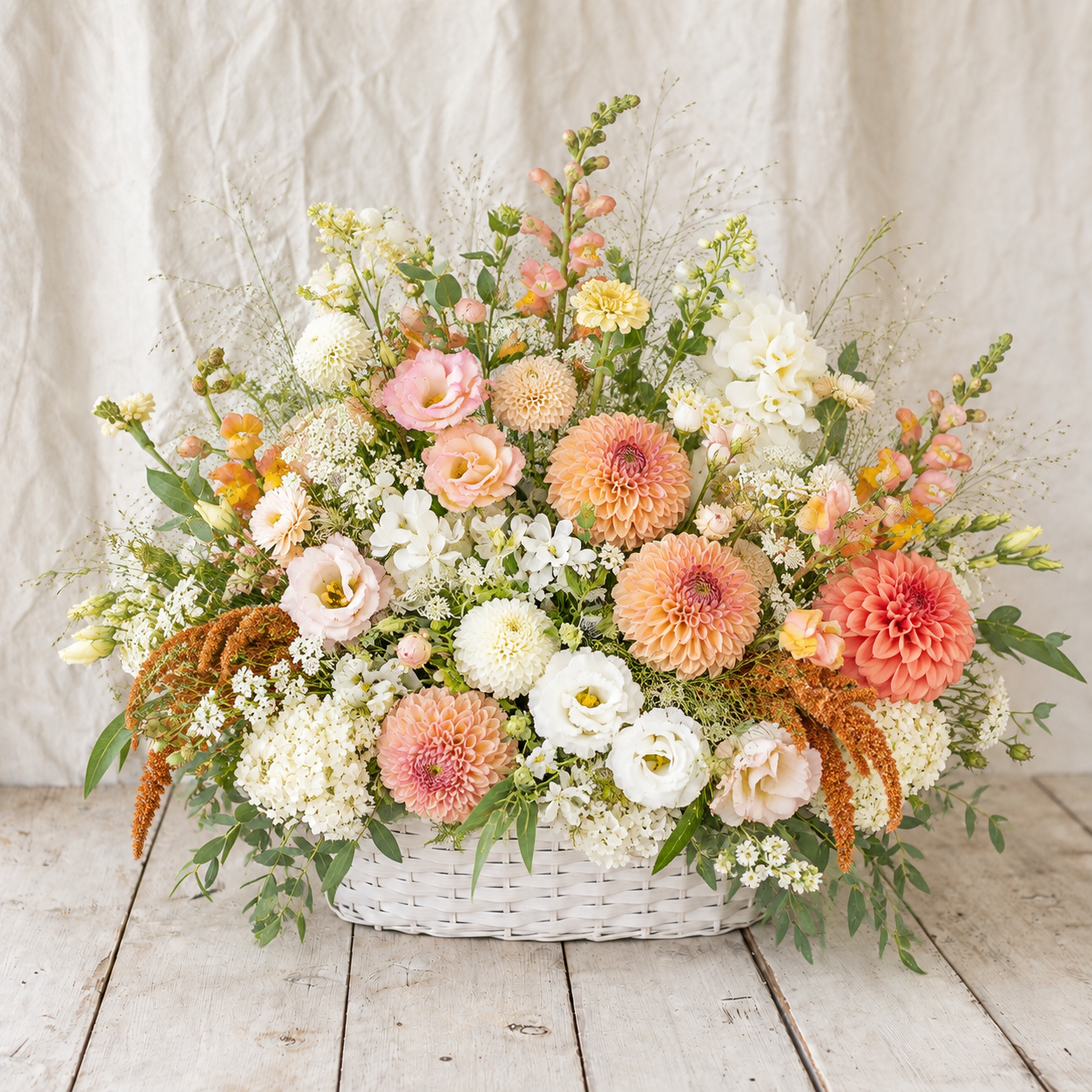 Peaceful Tribute mid-size peach and ivory sympathy flower basket by Rooted Flowers