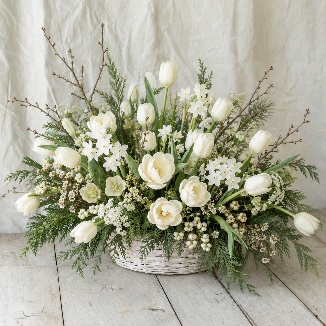 
                  
                    Quiet Grace mid-size white sympathy flower basket with seasonal tulips and winter greens by Rooted Flowers
                  
                