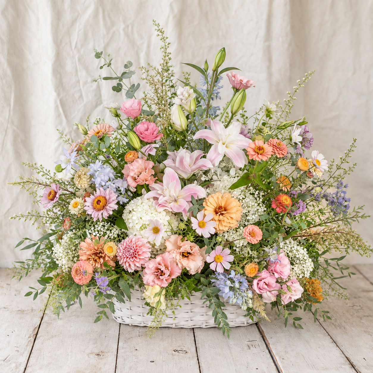Soft Remembrance mid-size blush pastel sympathy flower basket by Rooted Flowers